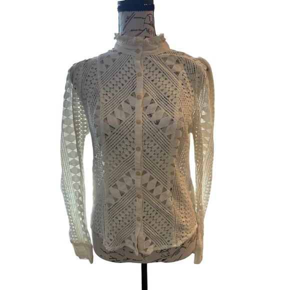EUC Anthropologie Ivory Victorian Inspired Long Sleeve Lace Top Size 2 Romantic - Picture 3 of 9